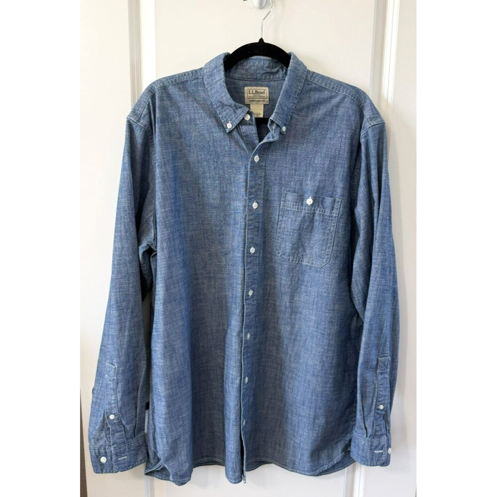 LL Bean Chambray Shirt Mens L Tall Blue Dark Denim Button Up Traditional Fit